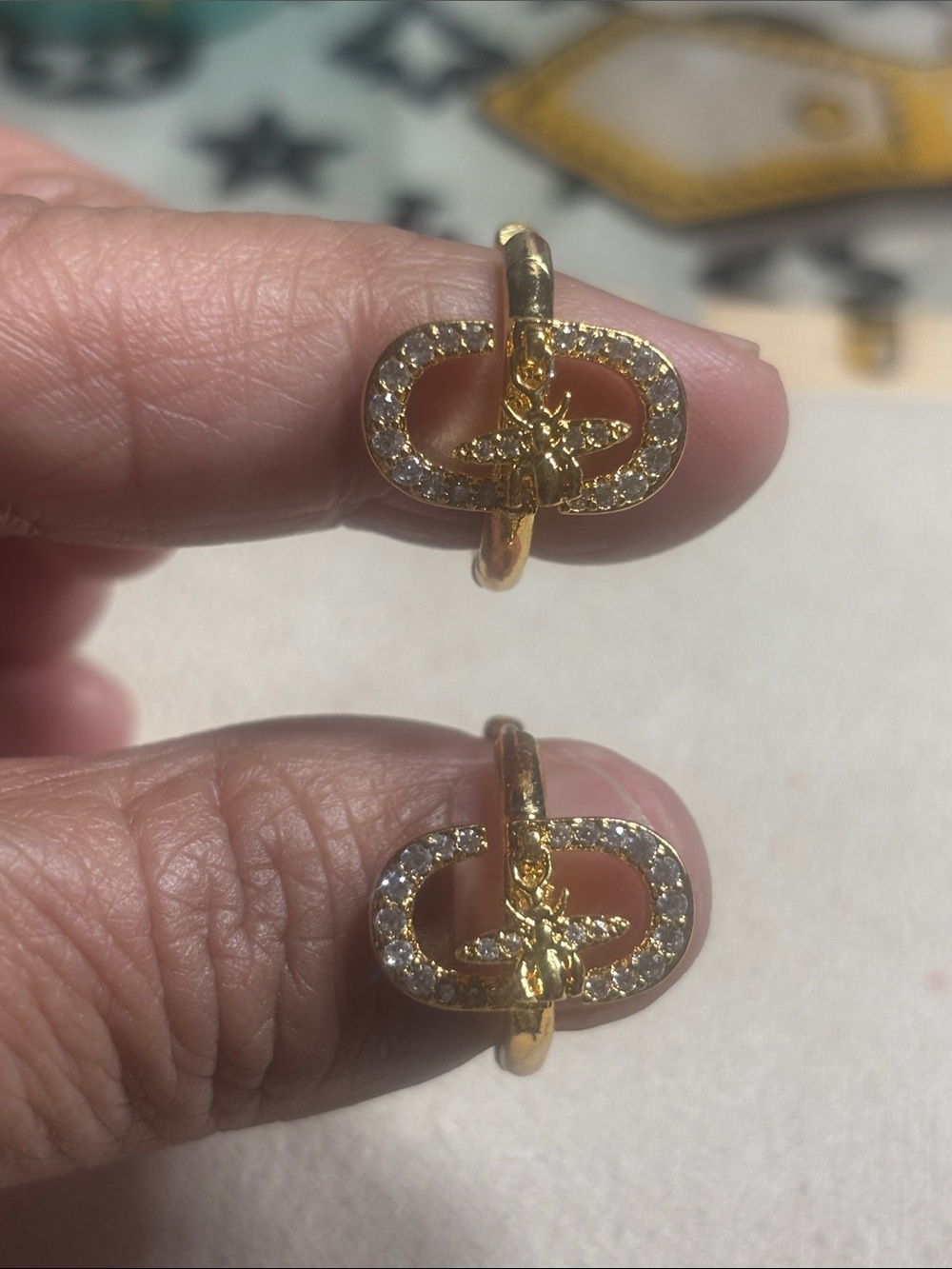 Gold Crystal Oval Hoop Earrings with Bee Accent